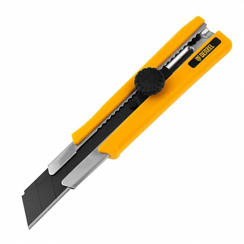 Нож, 25 мм, сменное лезвие, SK4, корпус из TPR, метал. направляющая, винтовой фиксатор// Denzel Ножи строительные фото, изображение