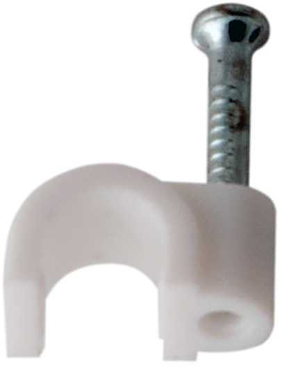 Скоба белая R-4 с гвоздем для круглого кабеля (уп.100шт) Стяжки, бирки, крепежные площадки фото, изображение